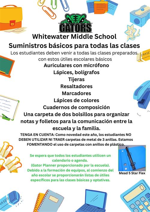 White Water Middle School 2024 - 2025 school supply list Spanish Version